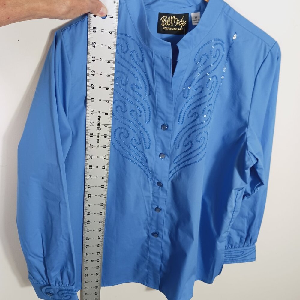 Bob Mackie NWT, Size Med., Blue, Button Down Shirt W/ Sequins & Mandarin Collar - Picture 15 of 16